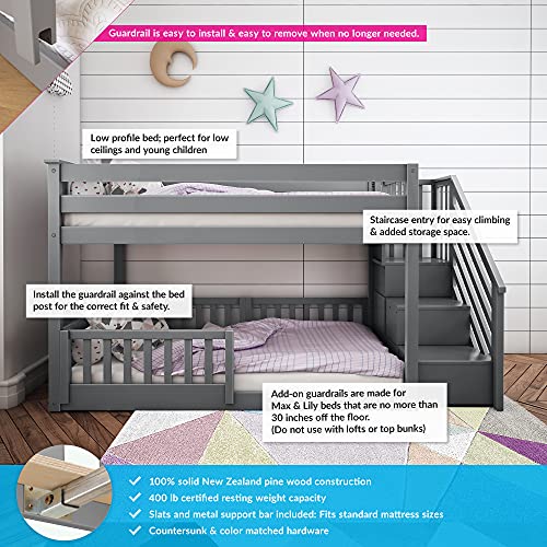Max & Lily Twin/Twin Low Bunk Bed with Stairs and Guard Rails Grey