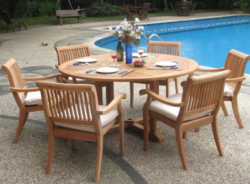 WholesaleTeak 7 Pc Grade-A Teak Dining Set with 60" Round Table and 6 Stacking Chairs