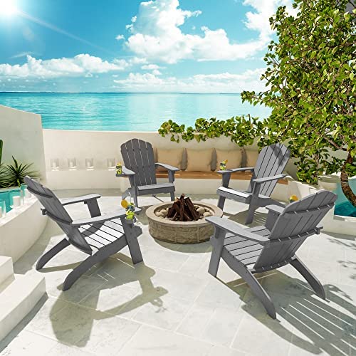 YEFU Oversized Plastic Adirondack Chair Set of 2 with Cup-Holder Weather Resistant Grey