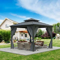 GarveeLife 12x12FT Hardtop Gazebo Galvanized Steel Double Roof with Curtain and Netting Gray
