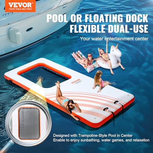 VEVOR Inflatable Floating Dock 15x6.5FT with Trampoline Mesh Pool White + Orange