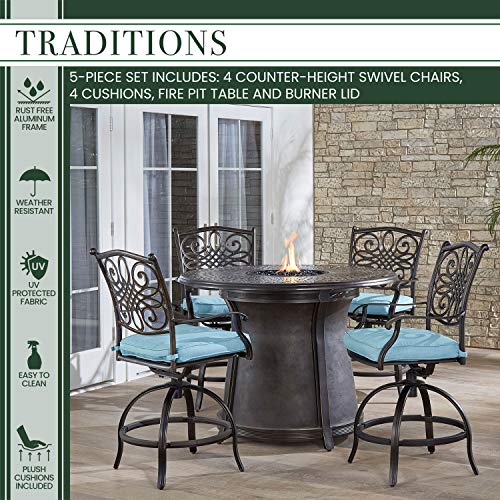Hanover Traditions 5-Piece Outdoor Dining Set with Fire Pit and 4 Swivel Chairs Blue