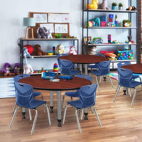 Romig Adjustable Classroom Table 48" Cherry with 4 Stack Chairs Navy Blue