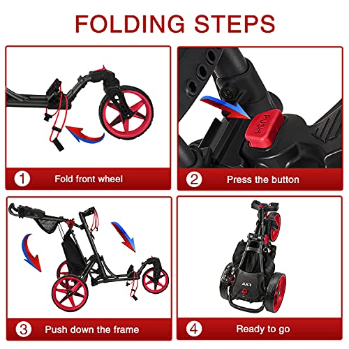 KVV 3 Wheel 360 Rotating Front Wheel Foldable/Collapsible Golf Push Cart Red/Black