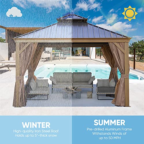 Endark 12x20FT Hardtop Gazebo with Galvanized Steel Double Roof, Wood-Look Aluminum Frame, Netting & Curtains