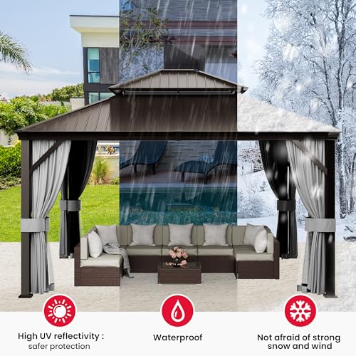 Pamapic 12'x14' Hardtop Gazebo with Double Roof, Netting & Curtains, Brown