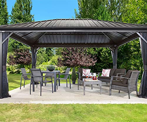Sojag 12' x 16' Genova II Hardtop Gazebo Outdoor Aluminum Frame Shelter with Mosquito Net Black/Brown