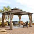YITAHOME 10x12ft Hardtop Gazebo with Nettings & Curtains, Double Roof Galvanized Steel, Bronze