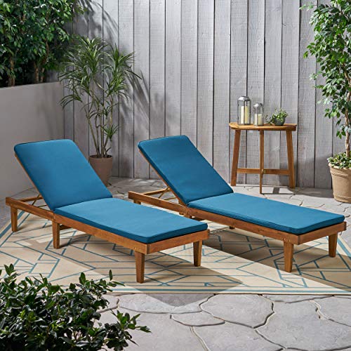 Christopher Knight Home Madge Outdoor Chaise Lounge with Cushion Set of 2 Teak Finish Blue