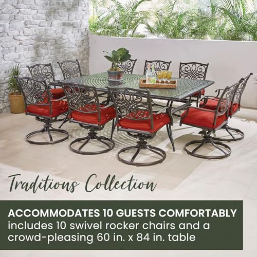Hanover Traditions 11-Piece Modern Outdoor Dining Set with Rust Resistant Cast Aluminum Table and 10 Red Swivel Rocker Chairs