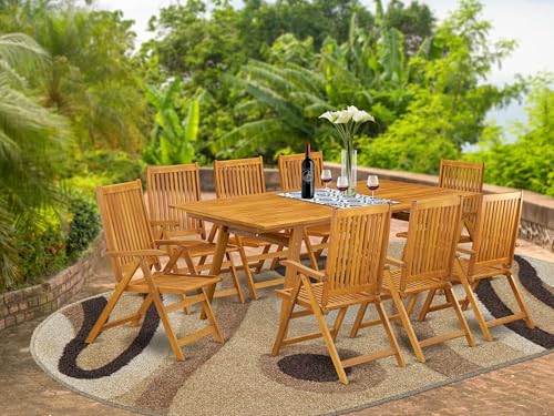 East West Furniture 9 Piece Outdoor Patio Dining Set Rectangle Acacia Wood Table & 8 Folding Adjustable Arm Chairs Natural Oil