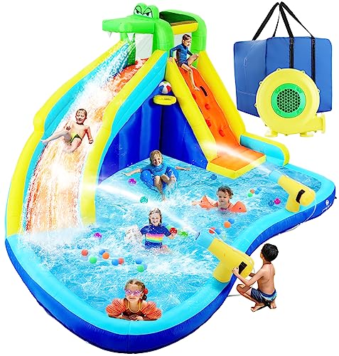 ROOJER 8-in-1 Inflatable Water Slide Bounce House with Blower and Accessories - Multi-Color