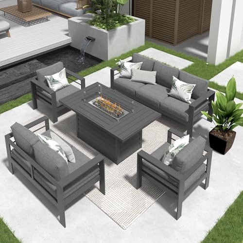 Solaste Aluminum Patio Furniture Set with Fire Pit Table, 7 Seats, Water-Resistant Cushions Grey