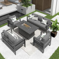 Solaste Aluminum Patio Furniture Set with Fire Pit Table, 7 Seats, Water-Resistant Cushions Grey