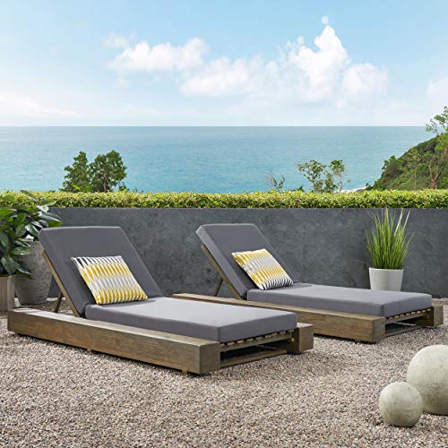 Great Deal Furniture Outdoor Acacia Wood Chaise Lounge Set of 2 Sandblast Gray Finish, Dark Gray