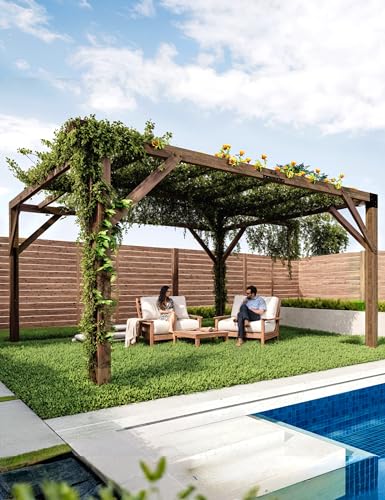 VORTEXTOVE 12x14 FT Outdoor Wooden Pergola with Retractable Shade Canopy