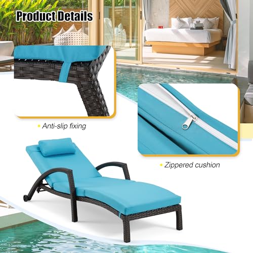 HOMREST Chaise Lounge Chairs Set of 6 PE Rattan Wicker Adjustable Pool Lounger Blue