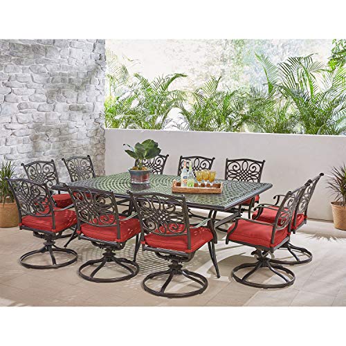 Hanover Traditions 11-Piece Modern Outdoor Dining Set with Rust Resistant Cast Aluminum Table and 10 Red Swivel Rocker Chairs