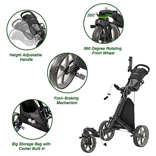 KVV 3 Wheel 360 Rotating Front Wheel Foldable Golf Push Cart Black/Charcoal