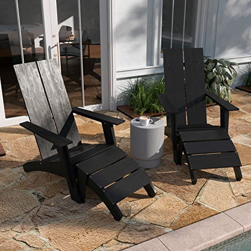 Taylor & Logan Brady Dual Slat Back Poly Resin Adirondack Chairs with Foot Rests Black
