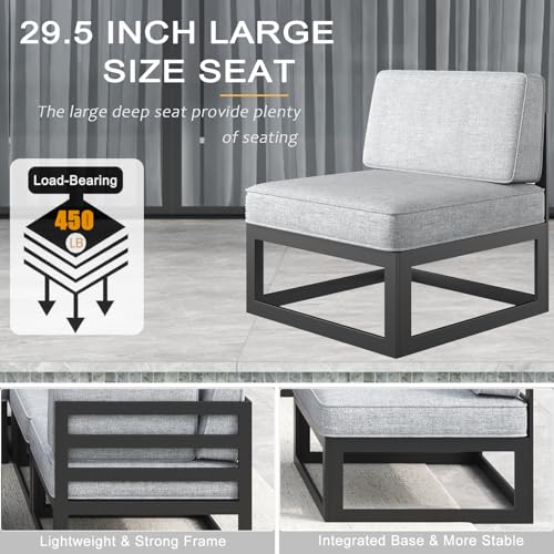 LayinSun Large Aluminum Patio Furniture Set with Fire Pit Table, 7 Pieces Outdoor Sectional Sofa Set Black/Light Grey