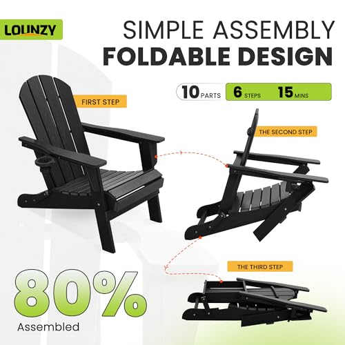 LOUNZY Folding Adirondack Chair Set of 6 All-Weather with Cup Holders Black