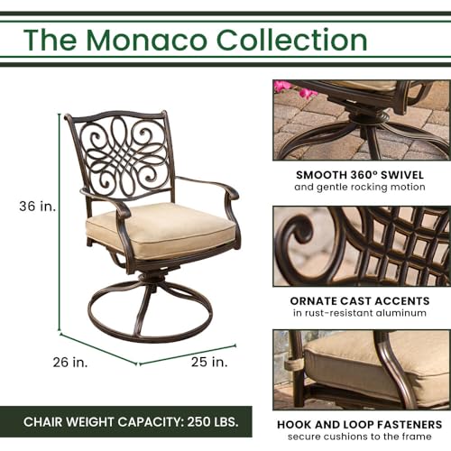 Hanover Monaco 7-Piece Outdoor Patio Dining Set with 6 Cushioned Swivel Rocker Chairs, 60" Round Table, Umbrella & Base, Tan