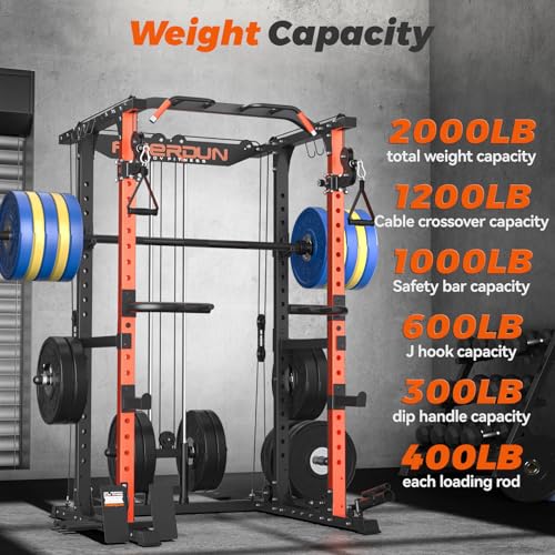 FEIERDUN Multi-Function Squat Rack Power Cage FLA01 with Cable Crossover System Orange