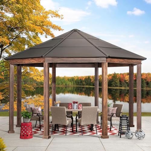Sunjoy 15x15 ft. Octagon Hardtop Gazebo with Black Aluminum Roof Brown