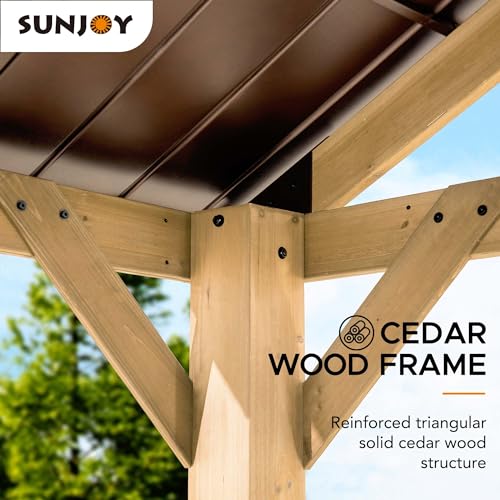 Sunjoy Wood Gazebo 13x15 ft Premium Cedar Frame with Brown Steel Hardtop Roof Brown + Natural Wood
