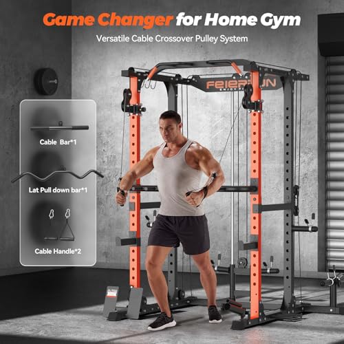 FEIERDUN Multi-Function Squat Rack Power Cage with Cable Crossover, 2000LBS Capacity, Orange/Black