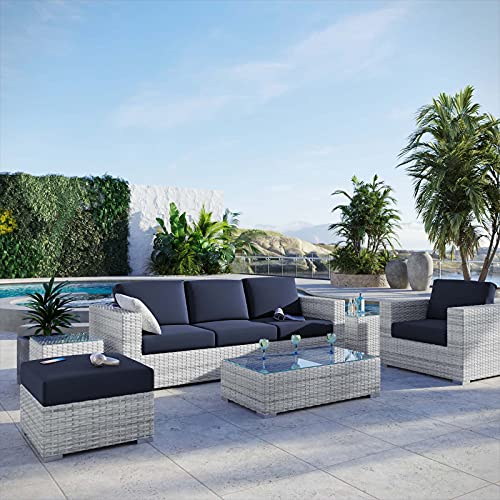 America Luxury - Outdoor Lounge Sectional Sofa Chair Set, Rattan Wicker, Modern, Blue