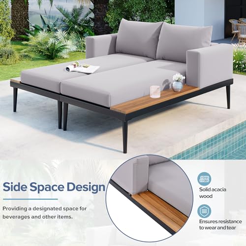 Merax Outdoor Patio Daybed with Wood Topped Side Spaces Grey