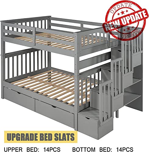 Harper & Bright Designs Full Over Full Bunk Beds with Stairs and Storage Drawers Grey
