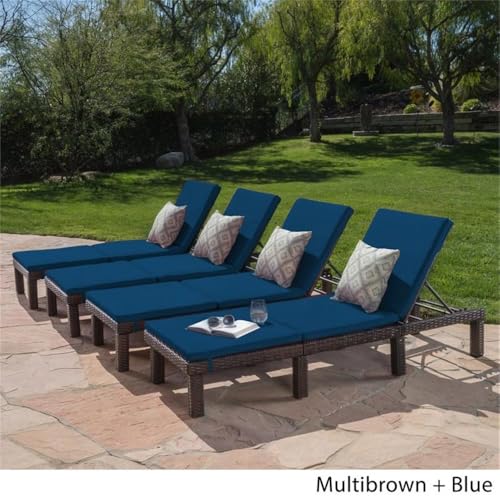 Noble House Jamaica MultiBrown Wicker Chaise Lounge Set of 4 with Blue Cushion