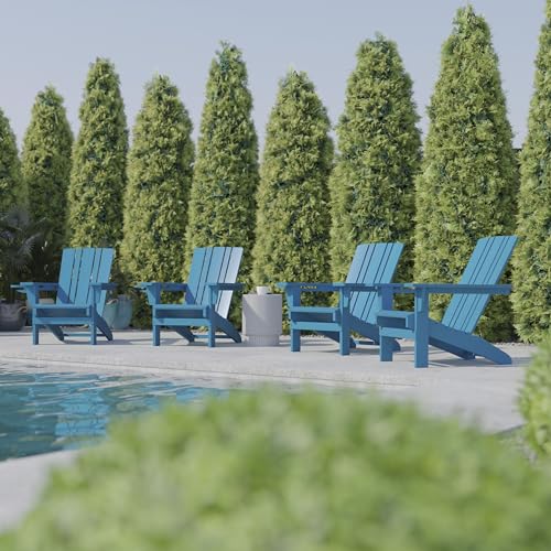 BizChair Adirondack Chairs Set of 4 with Cup Holders, Weather Resistant Poly Resin Blue