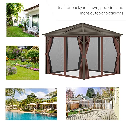Outsunny 10' x 10' Hardtop Gazebo with Curtains and Netting Coffee Brown