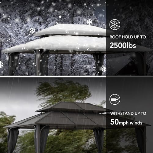 Sunjoy Hardtop Gazebo 12x16 ft Outdoor Heavy Duty Steel Frame Double Tiered with Ceiling Hook and Removable Netting Brown