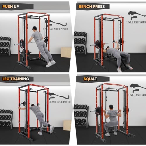 GarveeLife Power Cage SmithBar Rack 1600 LBS with LAT Pulldown & Cable System Red