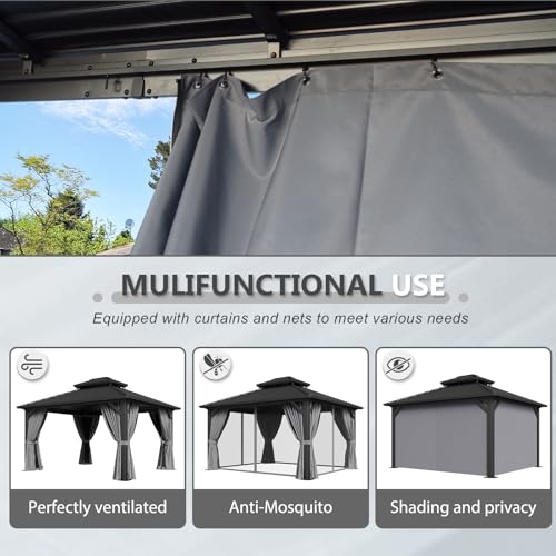 Aoxun 12Ft x 14Ft Hardtop Gazebo with Breathable Netting and Curtains Gray