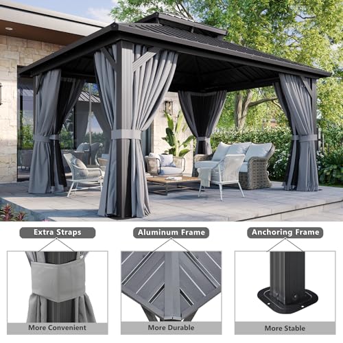 Aoxun 12Ft x 14Ft Hardtop Gazebo with Breathable Netting and Curtains Gray