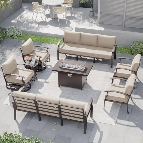 Kurapika Aluminum Patio Furniture Set 10-Seat Modern Metal Outdoor Conversation Set with Propane Fire Pit Table, Swivel Rocking Chairs, Sectional Sofa Sand