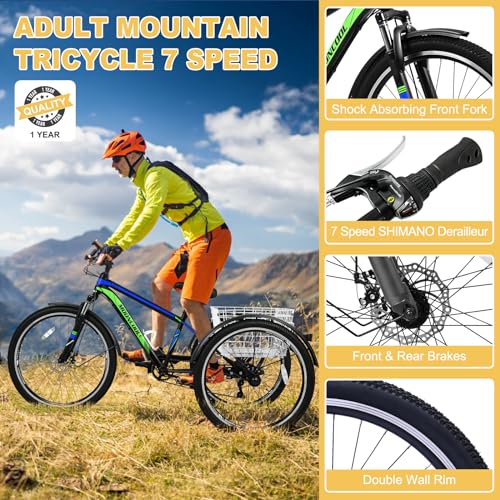 NAIZEA Adult Mountain Tricycle 7 Speed Three Wheel Cruiser Bike 24/26/27.5 Inch Trikes with Shopping Basket Black Blue Green