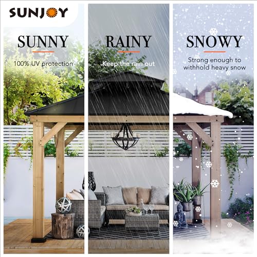 Sunjoy 11x11 ft. Wood Gazebo with Black Steel Hardtop Roof and Natural Wood Frame