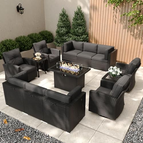 KHOLH 13-Piece Patio Furniture Set with Fire Pit Table, All-Weather Wicker Sectional Sofa and 4 Swivel Chairs Black