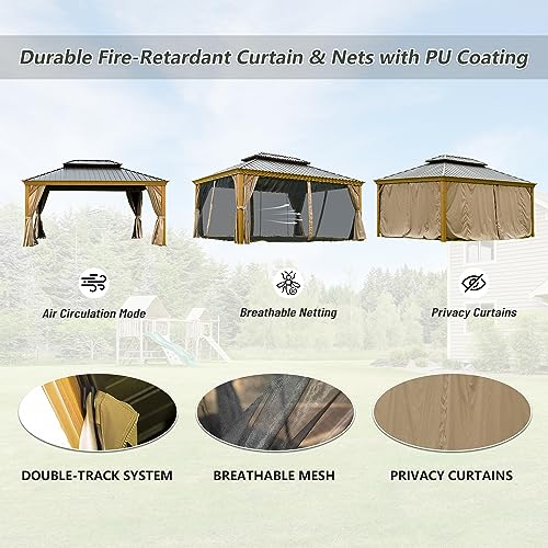 Domi Outdoor Living 12’ x 16’ Hardtop Gazebo Aluminum Wood Grain with Double Canopy Wood-Looking