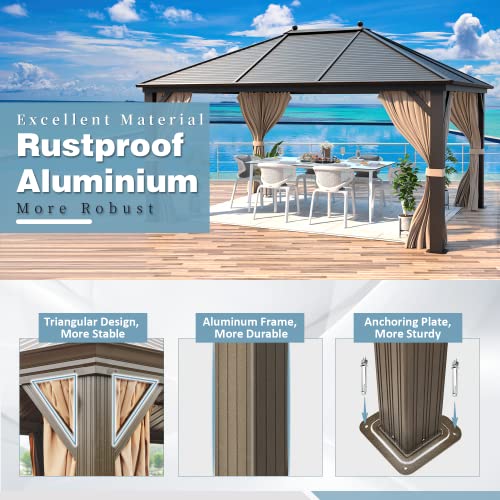 MELLCOM 10'x13' Hardtop Gazebo with Netting and Curtains Dark Brown