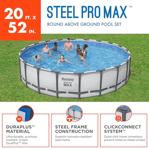 Bestway Steel Pro MAX 20 Foot x 52 Inch Round Above Ground Swimming Pool Set Gray