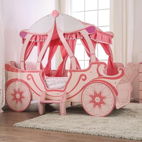 Furniture of America McHenry Twin-Size Princess Carriage Bed with Curtain and Slat Kit Pink
