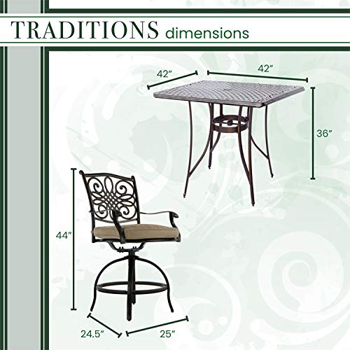 Hanover Traditions 5-Piece High-Dining Set with Cushioned Swivel Chairs and 42" Square Cast-Top Table Tan